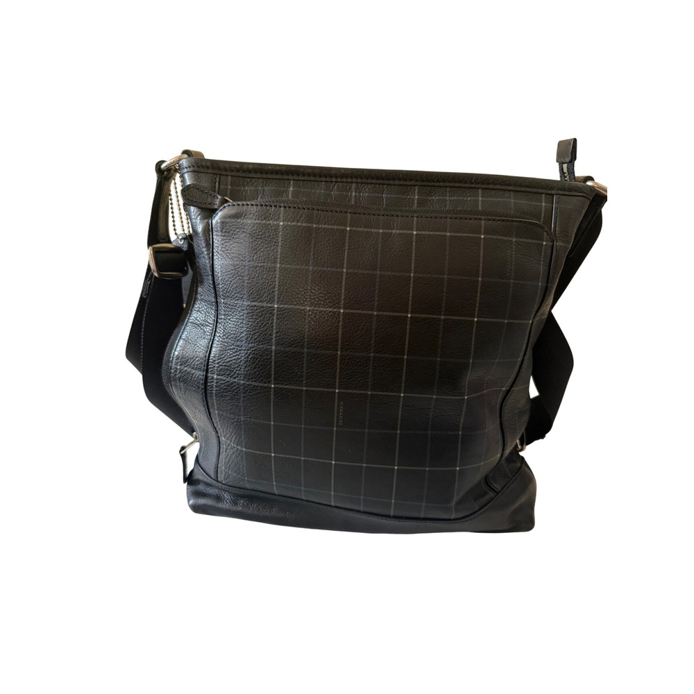 Coach Black Pebbled Leather Grid Print Crossbody Messenger Bag Silver Hardware